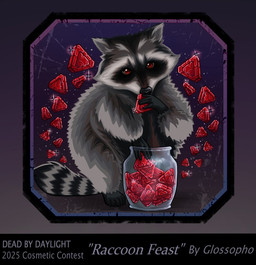 5_fingers 5_toes ambiguous_feral ambiguous_gender black_border black_feet black_hands black_tail border candy container daww dessert feet feral fingers fluffy fluffy_tail food fur grey_stripes gummy_(food) holding_food holding_gummy holding_object jar looking_at_viewer markings multicolored_body multicolored_fur purple_background red_eyes simple_background sitting solo sparkles striped_markings striped_tail stripes tail tail_markings text toes two_tone_tail year glossopho dead_by_daylight mammal procyonid raccoon 2025 artist_name colored dated english_description english_text shaded
