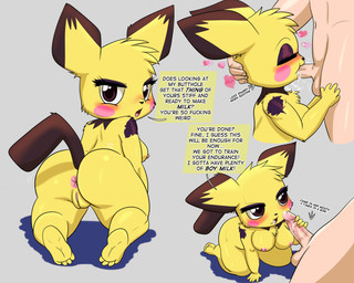 anthro anus asking balls black_body black_fur blush bodily_fluids breasts brown_eyes butt chest_tuft cum cum_feeding cum_in_mouth cum_inside cum_on_penis dialogue drinking drinking_cum duo ellipsis eyes_closed eyeshadow fellatio female female_penetrated fur genital_fluids genitals hand_on_legs hand_on_penis hand_on_thighs head_tuft heart_symbol hearts_around_head kneeling light_body light_skin looking_at_viewer looking_back looking_back_at_viewer makeup male male/female male_penetrating male_penetrating_female medium_breasts narrowed_eyes nude nude_anthro nude_female nude_human nude_male open_mouth oral oral_penetration penetration penile penis penis_in_mouth penis_nursing pink_cheeks profanity purple_eyeshadow raised_tail sex tail text tuft vulva yellow_body yellow_fur docsye nintendo pokemon generation_2_pokemon human mammal pichu pokemon_(species) english_text hi_res adult_(lore)