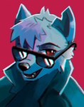 anthro black_body black_fur chromatic_aberration countershading eyewear fur grey_body grey_fur hair looking_away male notched_ear one_eye_obstructed open_mouth open_smile red_eyes reverse_countershading short_hair simple_background smile solo sunglasses mizu_wolf arturo_wolff canid canine canis mammal wolf bust_portrait portrait