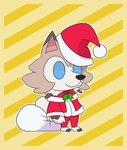 bag black_nose blue_eyes brown_body brown_fur cheek_tuft chettodoggo christmas christmas_clothing christmas_headwear clothing facial_tuft fate_(series) fur generation_7_pokemon hat headgear headwear hi_res holidays lycanroc midday_lycanroc nintendo padoru pokemon pokemon_(species) santa_hat semi-anthro smile solo tuft type-moon white_body white_fur