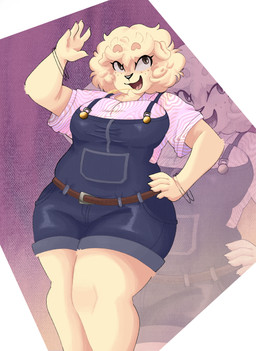 anthro big_breasts black_nose bottomwear bracelet breasts brown_eyebrows brown_eyes chest_tuft clothed clothing eyebrows eyelashes female fluffy fluffy_tail footwear freckled_face freckles fur glistening glistening_eyes hair hand_on_hip jewelry long_eyelashes long_tail open_mouth open_smile overalls pupils shirt shoes short_hair smile socks tail tan_body tan_ears tan_fur tan_hair tan_tail text thick_thighs topwear tuft skibanana jessica_(skibanana) canid canine canis domestic_dog mammal absurd_res english_text hi_res