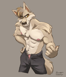 abs anthro beckoning bite biting_lip biting_own_lip bottomwear clothed clothing countershade_face countershade_neck countershade_torso countershading fingerpads fur genitals gesture grey_background grey_body grey_fur male muscular muscular_anthro muscular_male navel nipples open_bottomwear open_clothing open_pants pants pawpads pecs penis penis_base pink_nipples pink_penis self_bite simple_background solo tail topless underwear yellow_eyes drunkennoodler diggs_(drunkennoodler) canid canine canis mammal wolf hi_res signature