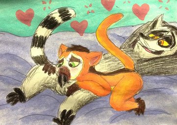 anthro anthro_on_anthro balls black_penis duo fellatio female female_anthro fur genitals grey_body grey_fur hand_on_another's_leg hands_behind_head heart_symbol looking_pleasured lying male male/female male_anthro nude_anthro on_back open_mouth oral orange_body orange_fur penile penis raised_tail sex tail young young_anthro young_female puku83 all_hail_king_julien dreamworks madagascar_(series) clover_(madagascar) king_julien crowned_lemur lemur mammal primate ring-tailed_lemur strepsirrhine 2015 traditional_media_(artwork)