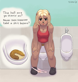 annoyed anthro asking bathroom big_breasts black_clothing black_footwear black_shoes blonde_hair bodily_fluids breasts brown_body brown_fur clothed clothing clothing_around_one_leg colored_nails cutaway feces feces_in_urinal feces_pile female female_pooping footwear fur genital_fluids genitals hair improper_toilet_use looking_at_viewer nails open_mouth panties panties_around_one_leg panties_down partially_clothed pink_clothing pink_panties pink_underwear pooping profanity public_restroom purple_nails red_clothing red_topwear scatplay shoes solo talking_to_viewer text topwear underwear underwear_around_one_leg underwear_down urinal urine vulva tonrip mammal mustelid otter artist_name english_text hi_res