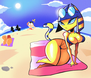 anthro beach big_butt bikini butt clothing eyewear female glasses lying male sky swimming_trunks swimwear two-piece_swimsuit wearing_glasses sabs animal_crossing nintendo ankha_(animal_crossing) hazel_(animal_crossing) villager_(animal_crossing) animal_humanoid domestic_cat felid feline felis human humanoid mammal mammal_humanoid rodent rodent_humanoid sciurid sciurid_humanoid tree_squirrel_humanoid hi_res
