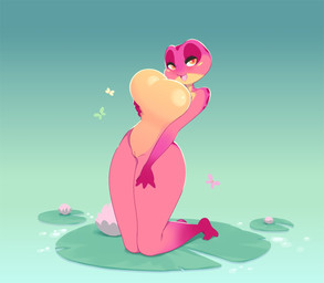 bedroom_eyes big_breasts blue_background breasts featureless_breasts female flower genitals gradient_background green_background hand_on_breast hand_on_leg hand_on_thigh holding_breast huge_breasts kneeling lily_pad looking_at_viewer markings narrowed_eyes open_mouth orange_eyes pink_body pink_flower pink_markings pink_mouth pink_pupils plant presenting presenting_breasts pupils seductive simple_background smile solo tan_body vulva water miu amphibian arthropod butterfly frog insect lepidopteran 2023 hi_res