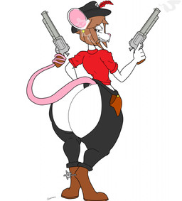 anthro belt big_butt bob_cut boots brown_hair buckteeth butt butt_focus chaps cigar clothing cowboy cowboy_boots cowboy_hat digitigrade ear_piercing ear_stud exposed_butt eyelashes female footwear grin grinning_at_viewer gun gun_smoke hair handgun hat hat_feather headgear headwear holding_gun holding_handgun holding_object holding_ranged_weapon holding_revolver holding_weapon huge_butt looking_at_viewer looking_back looking_back_at_viewer loose_feather narrowed_eyes piercing pink_nose prehensile_tail ranged_weapon rear_view red_clothing red_shirt red_topwear revolver shirt shoes short_hair simple_background smile smiling_at_viewer smoke smoking smoking_cigar solo spurs tail tail_holding_object teeth topwear weapon white_background white_body existimatio third-party_edit aeie_(colorist) pon_maglikian mammal mouse murid murine rodent 2021 color_edit colored digital_media_(artwork) full-length_portrait hi_res portrait signature
