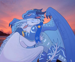 blue_body blue_scales blush claws countershading detailed_background duo eyes_closed feral frill_(anatomy) hug jewelry male male/male membrane_(anatomy) membranous_frill membranous_wings on_hind_legs scales sky spiked_tail spikes spikes_(anatomy) star starry_sky sunset tail wing_claws wings romavoid mythology wings_of_fire opal_(vensart) polaris_(vensart) dragon icewing_(wof) mythological_creature mythological_scalie scalie seawing_(wof) 2023