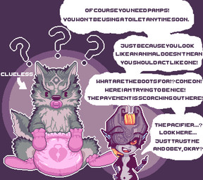 blonde_hair booties diaper duo ear_tuft female feral fur fused_shadow hair lock_symbol male multicolored_body multicolored_fur object_in_mouth oblivious pacifier pacifier_in_mouth pie_cut_eyes pointy_ears question_mark ranting runes shortstack sitting speech_bubble text tuft skrunklyfluff nintendo the_legend_of_zelda twilight_princess link_(wolf_form) midna canid canine canis mammal twili wolf digital_media_(artwork) english_text hi_res pixel_(artwork)