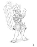 4_fingers anthro clothed clothing female fingers fur hair police_box solo text flinters british_broadcasting_corporation doctor_who kita_dalhagen lagomorph leporid mammal rabbit 2024 4:5 english_text greyscale hi_res monochrome