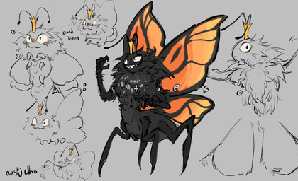 2_antennae 4_legs 4_wings 6_limbs :3 alternate_form antennae_(anatomy) arthropod_abdomen black_antennae black_body black_fur blush blush_stickers chibi closed_smile crown crown_only eyespots feral fluffy fur grey_background grin headgear headgear_only insect_wings lepidopteran_wings markings monotone_body monotone_fur mouth_closed multi_wing multicolored_wings nude orange_wings quadruped ruff simple_background smile standing sucking teeth text toothy_grin wing_markings wings mistieko disney hoppers_(disney) pixar titus_(hoppers) arthropod butterfly insect lepidopteran monarch_butterfly taur 2026 character_name digital_media_(artwork) handwritten_text hi_res partially_colored portrait signature sketch three-quarter_portrait