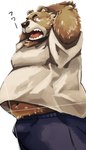 anthro belly bottomwear brown_body brown_fur bulge clothing fur kemono male navel open_mouth overweight overweight_male pants shirt simple_background solo stretching text topwear white_background arufina_w bear mammal 2024 absurd_res hi_res japanese_text