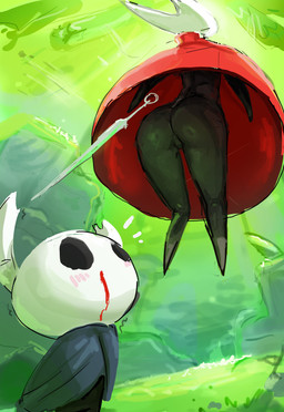 anthro black_body blood blush blush_lines bodily_fluids butt butt_focus clothed clothing dress duo exhibitionism female low-angle_view male mostly_nude nosebleed outside partially_clothed rear_view red_clothing upskirt liamickpie hollow_knight:_silksong hollow_knight_(franchise) team_cherry hornet_(hollow_knight) the_knight_(hollow_knight) arthropod insect vessel_(species) absurd_res hi_res
