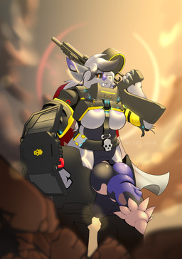 areola armor cape clothing cloud fangs genitals glowing glowing_stripes gun gynomorph hair hyper intersex knot knotted_penis multicolored_hair multicolored_penis penis ranged_weapon shield skull_symbol solo stripes teeth weapon fleet_wing helldivers mythology dragon eastern_dragon mythological_creature mythological_scalie scalie absurd_res hi_res