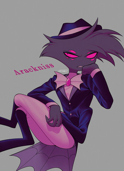 4_arms clothed clothing grey_background hat headgear headwear male multi_arm multi_eye multi_limb simple_background solo text enaic31 hazbin_hotel hellaverse arackniss_(hazbin_hotel) arachnid arthropod demon humanoid spider absurd_res character_name hi_res