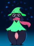 anthro balls black_body bottomless bovid caprine clothed clothing deltarune flaccid genitals girly goat ikkykrrk male mammal no_underwear penis ralsei scarf simple_eyes solo thick_thighs undertale_(series)