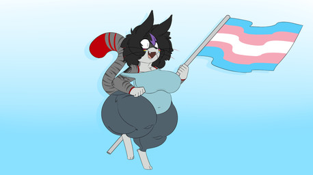 anthro big_breasts black_hair breasts digitigrade female flag flag_(object) fur grey_body grey_fur hair holding_flag holding_object lgbt_pride on_one_leg open_mouth pride_colors shortstack shortstack_female smile solo standing tail transgender_pride_colors whiskers robertge jason_markova domestic_cat felid feline felis mammal 2025 trans_(lore)