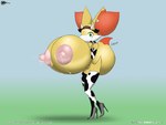 animal_print anthro areola big_breasts big_nipples bodily_fluids breasts clothing cow_print cow_print_elbow_gloves cow_print_thigh_highs erect_nipples female footwear high_heels huge_breasts huge_nipples hyper hyper_breasts lactating leaking_milk milk_drip nipples pink_areola pink_nipples shoes solo spherical_breasts delphyarts nintendo pokemon fennekin generation_6_pokemon pokemon_(species) 4:3 absurd_res hi_res