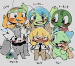 antennae_(anatomy) anthro blonde_hair blue_hair blush bottomless brown_body brown_fur cape clothed clothing crotch_tuft dress_shirt embarrassed fur green_body green_fur green_scales grey_background grey_body grey_fur group hair head_markings horn looking_at_another looking_at_viewer male markings mostly_nude necktie one_eye_closed orange_body scales scarf scarf_only shirt simple_background smile text topwear tuft wink young young_anthro doneru adonis_(doneru) hakuri jerik rokka_(doneru) ryuno_(doneru) tonekk arthropod canid canine lagomorph mammal scalie japanese_text