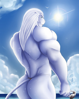 anthro biceps butt clothed clothing cloud dripping eyewear green_eyes hair long_hair looking_at_viewer looking_back looking_back_at_viewer low-angle_view male muscular muscular_anthro muscular_male outside sea skimpy sky smile solo sun sunglasses thong underwear water wet canon15 kumo_kurogami felid lion mammal pantherine 2012 4:5
