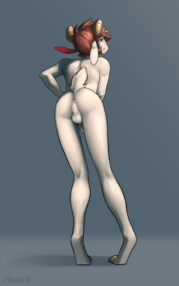 anthro anus backsack balls bent_over biped blue_eyes brown_hair butt erection femboy fur genitals hair horn humanoid_genitalia humanoid_penis long_legs looking_back male nude penis perineum presenting presenting_anus presenting_hindquarters raised_tail seductive short_hair short_tail simple_background smile solo standing tail white_body white_fur twang milo_(twang) bovid caprine goat mammal 2017 digital_media_(artwork)