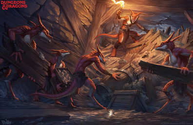 anthro armor barrel bottomwear box clothing container crate detailed_background digitigrade group holding_object holding_torch horn loincloth looking_up male pauldron red_body red_scales scales smile standing tail torch tunnel brian_valeza dungeons_and_dragons hasbro wizards_of_the_coast kobold scalie 2023 digital_media_(artwork) hi_res official_art