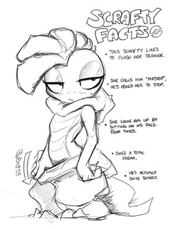 anthro biped bodily_fluids bottomwear clothed clothing directional_arrow eyeliner female fingers looking_at_viewer makeup mouth_closed pseudo_clothing scales simple_background solo sound_effects sweat tail text topless white_background shoutingisfun nintendo pokemon generation_5_pokemon pokemon_(species) scrafty english_text monochrome