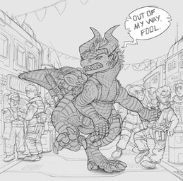 accessory antennae_(anatomy) anthro armor bag bald barefoot barrel belt bottomwear bunting_(banner) claws clenched_teeth clothed clothing detailed_background dialogue facial_hair fangs feet female finger_claws footwear frown furgonomics grimace group gun hair hand_in_pocket headgear helmet horn male narrowed_eyes open_mouth pants pockets ranged_weapon rude scales science_fiction shoes shoving speech_bubble squint standing tail tail_accessory tail_bag teeth text toe_claws walking weapon tilkidud rayna_(tilkidud) human mammal reptile scalie 2026 absurd_res digital_media_(artwork) english_text hi_res monochrome sketch