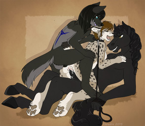 anal anal_penetration anthro anthro_on_anthro anthro_penetrated anthro_penetrating anthro_penetrating_anthro balls bite black_body black_fur black_hair blue_eyes bodily_fluids bottomless breasts brown_hair clothed clothing collar crouching cum cum_in_ass cum_in_vagina cum_inside dominant dominant_male double_penetration ear_bite erection eyes_closed female female_penetrated fur genital_fluids genitals group group_sex hair hooves interspecies leash lying male male/female male_penetrating male_penetrating_female markings nipples nude on_back open_mouth pawpads penetration penis sex side_view simple_background smile spots spotted_body spotted_fur straddling submissive submissive_female vaginal vaginal_penetration vulva yellow_eyes citrinelle zaire_(nightdancer) canid canine canis equid equine felid feline horse lynx mammal wolf 2015 full-length_portrait portrait