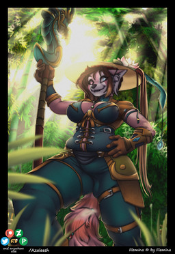 anthro armor breasts female forest heterochromia jungle leather plant smile solo staff sun tree azaleesh flemina_(character) ailurid mammal red_panda 2019 hi_res