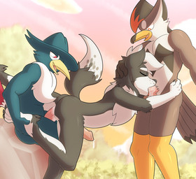 anal anal_penetration anthro anthro_on_anthro anthro_penetrated anthro_penetrating anthro_penetrating_anthro bareback beak biped bodily_fluids cum cum_in_ass cum_in_mouth cum_inside erection fellatio genital_fluids genitals group group_sex leg_grab looking_down male male/male male_penetrated male_penetrating male_penetrating_male neck_tuft open_mouth oral oral_penetration penetration penile penis precum sex spitroast threesome trio tuft rodricoro nintendo pokemon avian bird canid canine corvid generation_4_pokemon honchkrow mammal oscine passerine pokemon_(species) staraptor