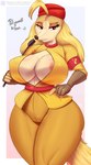 2022 anthro areola areola_slip big_breasts breasts canid canine canis cleavage clothed clothing conditional_dnp cuphead_(game) dialogue domestic_dog english_text female fur hat headgear headwear hi_res huge_breasts hunting_dog mammal nexcoyotlgt riding_crop saluki sgt._o'fera_(cuphead) sighthound simple_background smile solo tan_body tan_fur text whip