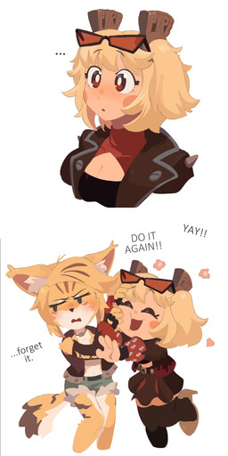 4_fingers accessory anthro belt blonde_hair blush blush_stickers bottomwear breasts chibi cleavage cleavage_cutout close-up clothed clothing collar cutout dialogue duo ear_tuft eyewear eyewear_on_head female female/female fingerless_gloves fingers flower_symbol footwear fur fur_tuft gloves hair hair_accessory handwear happy high_heels inner_ear_fluff jacket leather leather_clothing leather_jacket leather_topwear legwear love navel no_sclera pigtails pushing_away pushing_head red_eyes shoes shorts simple_background skirt standing sunglasses sunglasses_on_head tail text thigh_highs topwear tuft twintails_(hairstyle) vest wearing_sunglasses mangedugruau mihoyo zenless_zone_zero burnice_white pulchra_fellini felid feline human mammal thiren 2025 absurd_res english_text hi_res