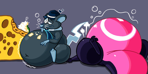 3_fingers 3_toes ambiguous_form ambiguous_gender belly beverage_bottle big_belly bloated blue_clothing blue_hat blue_headwear bottomless bubble cheese clothed clothing countershading dairy_products drunk drunk_bubble duo feet fingers foam food grey_background grey_body grey_tongue hat headgear headwear navel necktie overstuffed overweight pink_body pink_countershading shadow simple_background stuffing substance_intoxication tail toes tongue whiskers argentite mammal murid murine rat rodent 2025 cel_shading digital_media_(artwork) hi_res shaded