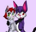 ambiguous_gender duo fangs green_eyes hair red_eyes sabertooth_(anatomy) semi-anthro teeth belphegor domestic_cat felid feline felis lagomorph leporid mammal rabbit hazel_(disambiguation)