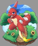 accessory anthro biped blue_eyes claws countershade_torso countershading fangs fire flower headband kerchief male open_mouth plant red_body smile solo tail teeth tree xael_the_artist nintendo pokemon eddy_(includefireio) charmeleon generation_1_pokemon pokemon_(species) absurd_res hi_res