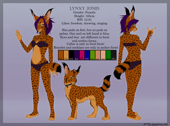 4_toes 5_fingers anthro biped breasts collar color_swatch digitigrade eyebrows eyelashes feet female feral fingers fur green_eyes midriff multicolored_body multicolored_fur multiple_forms navel plantigrade quadruped simple_background smile solo teeth text toes lynjox lynxy_jones felid feline lynx mammal 2015 absurd_res character_name digital_media_(artwork) english_text hi_res model_sheet