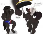 anthro anus brown_body brown_fur brown_tail bulge butt clothing feet fur genitals hat headgear headwear male multiple_poses muscular muscular_anthro muscular_male penis pole pose solo tail text yellow_eyes spotty_the_cheetah colton_(menrot_pothos) canid canine canis mammal wolf english_text