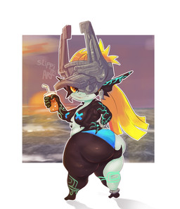 anklet armor beverage big_butt black_body blonde_hair blue_clothing blue_markings blue_swimwear bottom_heavy bracelet breasts butt clothing ear_piercing female fused_shadow grey_body hair hand_on_hip headgear headwear helmet holding_beverage holding_object huge_butt huge_hips huge_thighs humanoid_pointy_ears jewelry looking_at_viewer looking_back looking_back_at_viewer markings one_eye_obstructed pasties piercing pointy_ears ponytail rear_view red_eyes sea shortstack shortstack_female simple_background small_breasts smile snaggle_tooth solo sun swimwear thick_thighs water white_background wide_hips yellow_sclera slippipipi nintendo the_legend_of_zelda twilight_princess midna humanoid imp twili 2025 absurd_res hi_res