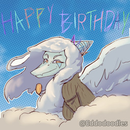abstract_background amber_(gem) amber_(material) anthro blinking blue_body bone_frill breasts brown_clothing brown_sweater brown_topwear clothed clothed_anthro clothed_female clothing cloud collar eyes_closed feathered_wings feathers female frill_(anatomy) grey_body grey_feathers grey_hair hair half-closed_eyes happy_birthday jewelry long_hair looking_at_viewer markings medium_breasts narrowed_eyes necklace non-mammal_breasts orange_eyes side_view sky smile solo spiked_collar spikes striped_markings stripes sweater text topwear wings eddodoodle goodbye_volcano_high ko_op_(game_developer) fang_(gvh) prehistoric_species pterosaur reptile scalie 1:1 absurd_res animated animated_gif artist_name bust_portrait colored english_text hi_res loop portrait shaded short_playtime watermark