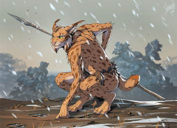 anthro barefoot bottomwear clothed clothing crouching ear_tuft feet fur green_eyes holding_melee_weapon holding_object holding_polearm holding_spear holding_weapon hoofprint inner_ear_fluff loincloth looking_aside male melee_weapon outside plant polearm snow solo spear spots tail tan_body tan_fur topless topless_anthro topless_male tree tuft weapon whisker_spots whiskers shamerli koda_(kodalynx) felid feline lynx mammal 2023 digital_media_(artwork) hi_res signature