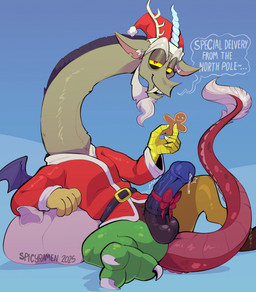 2_toes 5_fingers accessory animal_genitalia animal_penis anthro balls bedroom_eyes big_balls big_penis blue_background bodily_fluids bottomless bottomless_anthro bottomless_male christmas_clothing christmas_headwear clothed clothing cookie costume dialogue dripping equine_genitalia equine_penis erection facial_hair feet fingers food genital_fluids genitals gingerbread_man goatee half-closed_eyes hat headgear headwear holding_cookie holding_food holding_object holidays huge_penis long_neck looking_at_viewer male medial_ring narrowed_eyes outdoor_nudity outside penis penis_accessory penis_bow penis_ribbon pose precum precum_drip presenting presenting_balls presenting_penis reclining ribbons sack santa_costume santa_hat seductive simple_background sitting smile smiling_at_viewer snaggle_tooth snow solo speech_bubble spread_legs spreading tail talking_to_viewer text toes topwear vein veiny_penis yellow_sclera spicyramen christmas friendship_is_magic hasbro my_little_pony discord_(mlp) chimera draconequus 2025 digital_media_(artwork) english_text hi_res pinup watermark