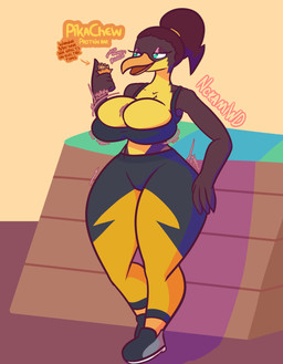 anthro athletic_wear big_breasts breasts cleavage cleavage_overflow clothed clothing eating eating_food female footwear gym huge_breasts huge_hips huge_thighs imminent_expansion shoes simple_background sneakers solo thick_thighs wide_hips nokamiwd nintendo pokemon avian generation_9_pokemon kilowattrel pokemon_(species) absurd_res hi_res