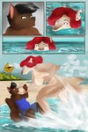 2:3 alexandria_(themajesticvalkyrie) anthro beach big_breasts big_tail breasts canid canine canis detailed_background duo female fish glistening glistening_body hi_res hybrid male male/female mammal marine nude scared sea shark sign sunzopunzo swimming tail thick_thighs water wolf wolf_shark