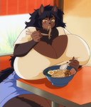 anthro big_breasts black_hair black_nose blue_bottomwear blue_clothing blue_shorts blush bottomwear bowl breasts brown_body brown_fur chopsticks cleavage clothed clothing container curvy_figure cutlery denim eating egg eyebrows female food fur furniture glistening glistening_eyes hair happy heterochromia holding_breast holding_chopsticks holding_object holding_spoon huge_breasts inside kitchen_utensils long_hair noodles shirt shorts smile solo spoon table thick_eyebrows thick_thighs tools topwear voluptuous white_clothing white_shirt white_topwear wide_hips fenrir_brown fenrie_(fenrir_brown) canid canine canis mammal wolf hi_res