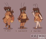 2_toes 4_fingers alternate_costume antennae_(anatomy) anthro armwear belly black_eyes bottomwear breasts brown_body brown_bottomwear brown_clothing brown_cutoffs brown_fingerless_gloves brown_footwear brown_gloves brown_hair brown_handwear brown_outline brown_shirt brown_shorts brown_socks brown_topwear clothing color_swatch cutoffs denim denim_bottomwear denim_clothing elbow_gloves eye_through_hair eyebrow_through_hair eyebrows eyelashes featureless_breasts feet female fingerless_gloves fingers footwear gesture gloves grey_background hair handwear leg_warmers legwear medium_breasts mostly_nude navel non-mammal_breasts one_leg_up open_mouth open_smile outline raised_leg shirt shorts simple_background slightly_chubby smile socks solo standing tail text thick_thighs toeless_footwear toeless_socks toes topwear translucent translucent_hair walking waving white_armwear white_clothing white_elbow_gloves white_fingerless_gloves white_gloves white_handwear white_knee_highs white_leg_warmers white_legwear wide_hips imbynova rachie_(imbynova) arthropod blattodea cockroach insect aliasing binary_drawing character_name digital_drawing_(artwork) digital_media_(artwork) english_text flat_colors hi_res model_sheet