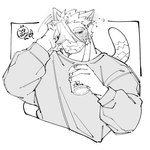 anthro blush canned_drink clothing male muscular muscular_anthro muscular_male solo sweater topwear pon20021202 lifewonders live_a_hero tsuneaki domestic_cat felid feline felis mammal 1:1 bust_portrait hi_res monochrome portrait sketch