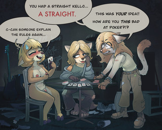 amplifier angry anthro antlers areola balls band-aid bandage barefoot bass_guitar belt belt_buckle biped blep blonde_hair blue_clothing blue_jacket blue_topwear blush bodily_fluids boots bottomwear bracelet breasts brown_bottomwear brown_clothing brown_pants buckle card chair clenched_teeth clothed clothed/nude clothing combat_boots constricted_pupils countershade_face countershade_fur countershade_legs countershade_torso countershading detailed_background discarded_clothing ear_piercing eight_of_hearts embarrassed eyes_closed facial_piercing feet female fingerless_(marking) fingerless_gloves flaccid footwear four_of_diamonds fur furgonomics furniture furry-specific_piercing genitals glass_table gloves group guitar gynomorph hair handwear holding_card hooves horn industrial_piercing intersex jacket jewelry joker_(playing_card) knife looking_at_another medium_breasts musical_instrument nipples nose_piercing nose_ring nude only_one_nude open_mouth pants patched_clothing penis piercing playing_card plucked_string_instrument poster pupils ring_piercing septum_piercing septum_ring seven_of_hearts shaking shoes sitting six_of_spades sleeveless_shirt small_pupils snout speaker speech_bubble spilled_drink standing string_instrument strip_poker sweat sweatdrop tail tail_motion tailwag tan_bottomwear tan_clothing tan_pants teal_hairband teeth ten_of_clubs text tongue tongue_out topwear trembling trio turquoise_shirt two_of_clubs unguligrade white_body white_countershading lewdles hunter_(lewdles) jeanne_(lewdles) kello_(lewdles) canid canine deer domestic_cat felid feline felis fox mammal new_world_deer red_fox true_fox white-tailed_deer 2025 english_description english_text hi_res signature nonbinary_(lore) trans_(lore)