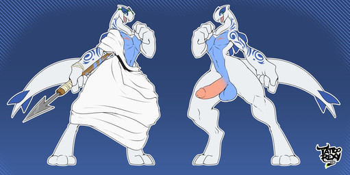 anthro arm_tattoo balls biped blue_eyes clothing digitigrade erection genitals humanoid_genitalia humanoid_penis male penis scar solo standing tattoo toga tattoorexy nintendo pokemon njord_(crybaby) generation_2_pokemon legendary_pokemon lugia pokemon_(species) 2024 hi_res model_sheet tagme