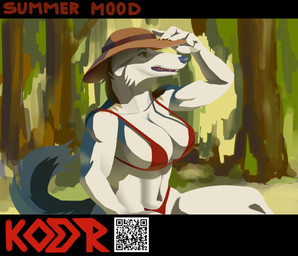 anthro belly biceps bra breasts clothing female forest hat headgear headwear light plant qr_code solo summer sun sunlight tree triceps underwear kodr borzoi canid canine canis domestic_dog hunting_dog mammal sighthound absurd_res hi_res